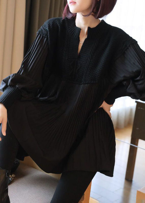 Black Patchwork Knit Tops Oversized Spring