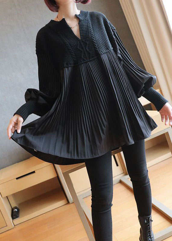 Black Patchwork Knit Tops Oversized Spring