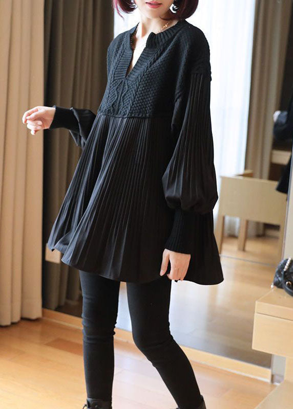 Black Patchwork Knit Tops Oversized Spring