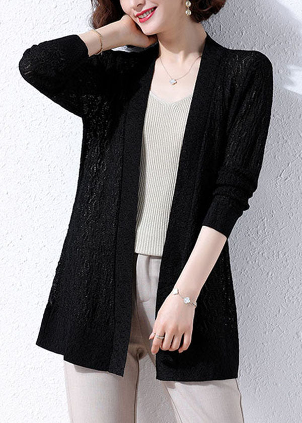 Black Patchwork Knit Women Cardigans Embroideried Hollow Out Fall