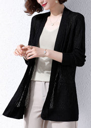 Black Patchwork Knit Women Cardigans Embroidered Hollow Out Fall