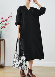 Black Patchwork Knitted Dress V Neck Slim Fit Fall