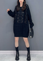 Black Patchwork Knitted Sweaters Dress O Neck Zircon Fall