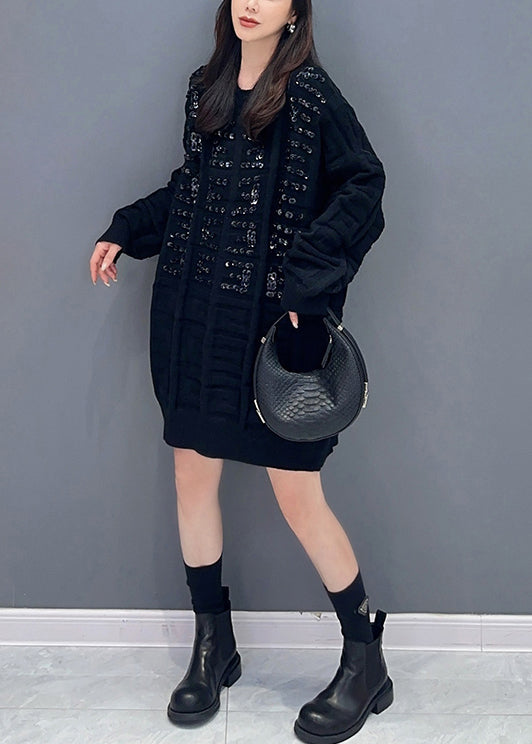 Black Patchwork Knitted Sweaters Dress O Neck Zircon Fall