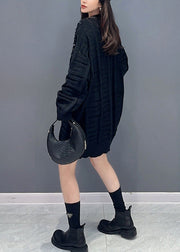 Black Patchwork Knitted Sweaters Dress O Neck Zircon Fall