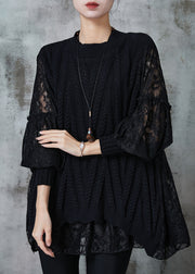 Black Patchwork Lace Knit Tops Oversized Spring