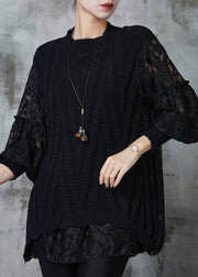 Black Patchwork Lace Knit Tops Oversized Spring