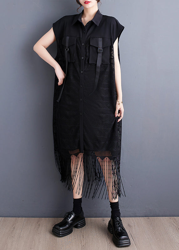 Black Patchwork Lace Maxi Dress Tasseled Pockets Summer