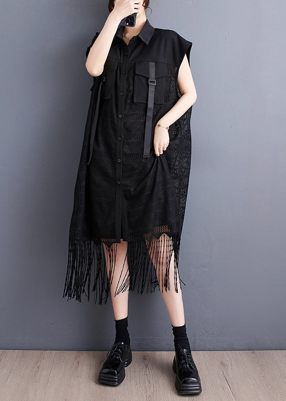 Black Patchwork Lace Maxi Dress Tasseled Pockets Summer