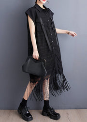 Black Patchwork Lace Maxi Dress Tasseled Pockets Summer