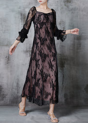 Black Patchwork Lace Party Dress Embroidered Fall