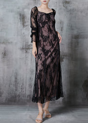 Black Patchwork Lace Party Dress Embroidered Fall