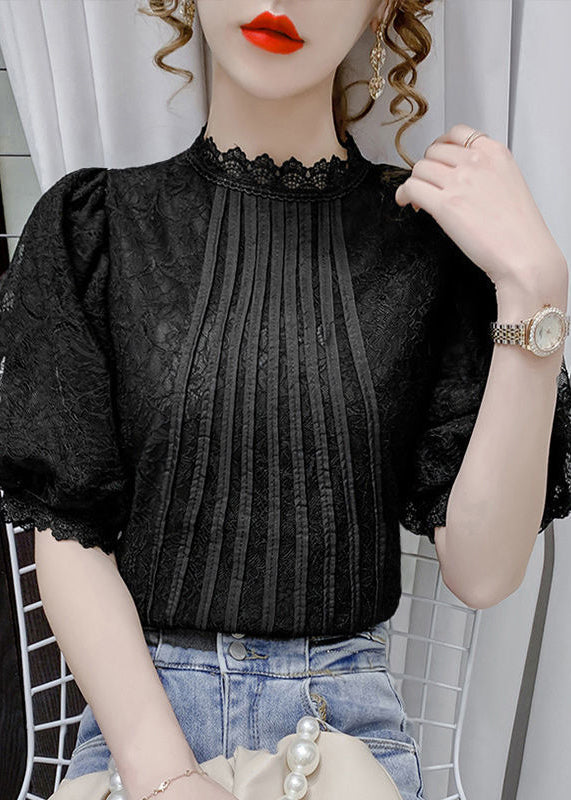 Black Patchwork Lace Tops Hollow Out Wrinkled Puff Sleeve