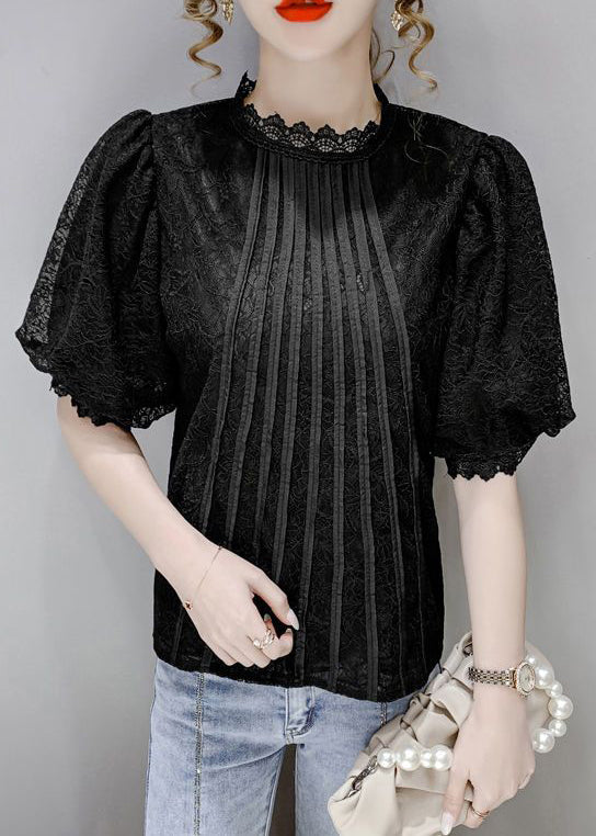 Black Patchwork Lace Tops Hollow Out Wrinkled Puff Sleeve