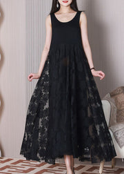 Black Patchwork Lace Vacation Dresses Exra Large Hem Summer