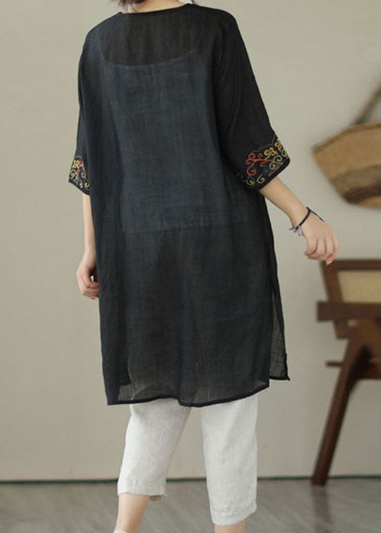 Black Patchwork Linen Mid Dress Embroideried V Neck Summer