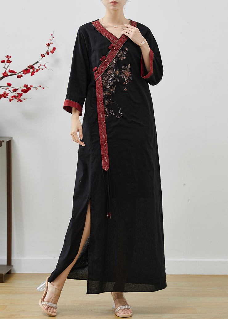 Black Patchwork Linen Robe Dresses Embroidered Side Open Summer