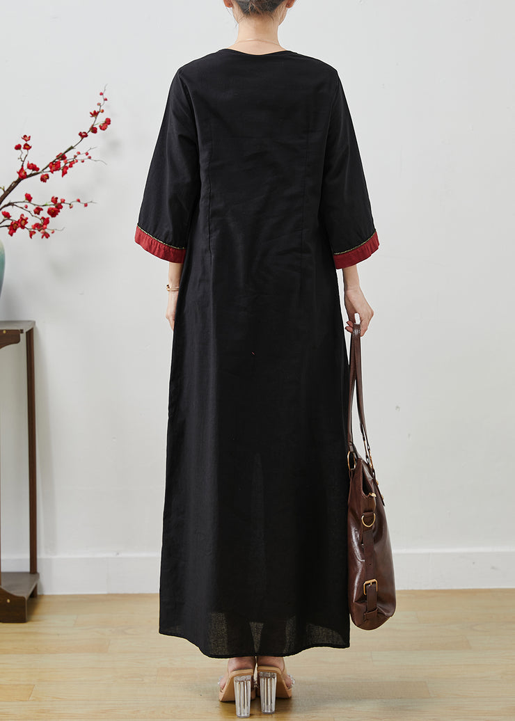 Black Patchwork Linen Robe Dresses Embroidered Side Open Summer