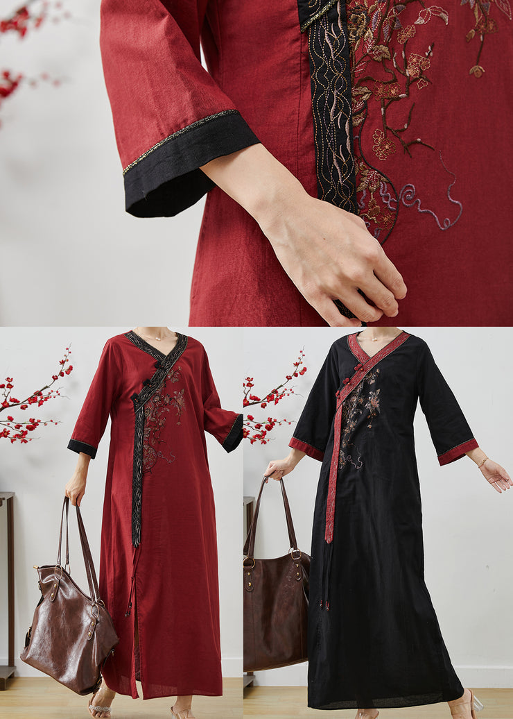 Black Patchwork Linen Robe Dresses Embroidered Side Open Summer