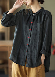 Blue Patchwork Linen Shirt Peter Pan Collar Embroideried Spring