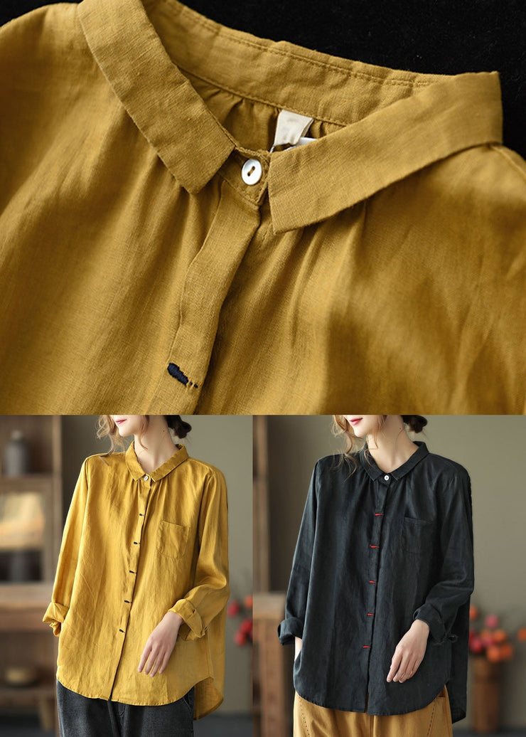 Black Patchwork Linen Shirt Peter Pan Collar Embroidered Spring