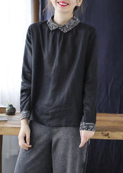 Black Patchwork Linen Shirt Peter Pan Collar Wrinkled Spring