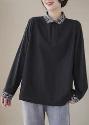 Black Patchwork Linen Shirt Peter Pan Collar Wrinkled Spring