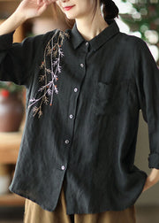 Black Patchwork Linen Shirt Top Embroidered Button Spring