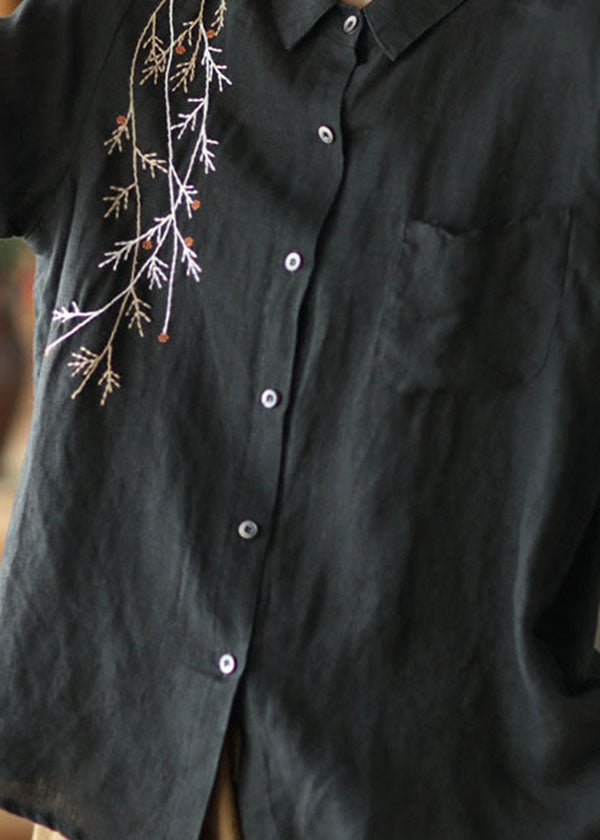 Black Patchwork Linen Shirt Top Embroidered Button Spring