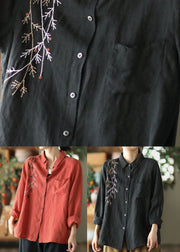 Black Patchwork Linen Shirt Top Embroidered Button Spring