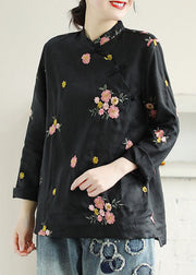 Black Patchwork Linen Shirt Top Embroideried Chinese Button Spring