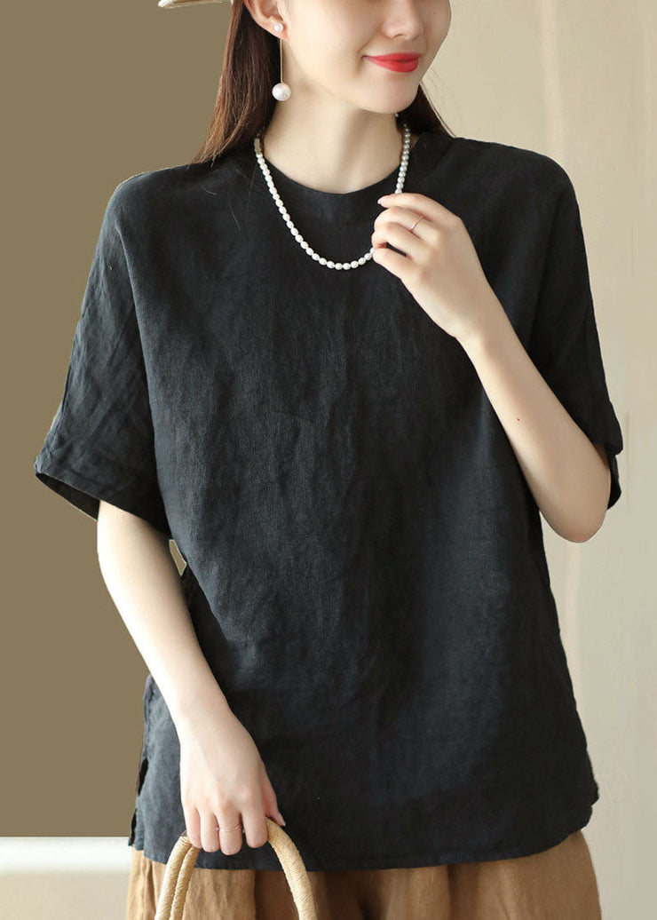 Black Patchwork Linen T Shirt Top O Neck Button Summer