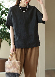 Black Patchwork Linen T Shirt Top O Neck Button Summer