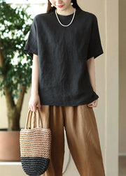 Black Patchwork Linen T Shirt Top O Neck Button Summer