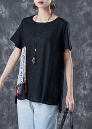 Black Patchwork Linen Tank Tops Oversized Tassel Summer