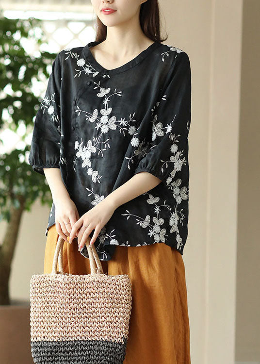 Black Patchwork Linen Top O-Neck Embroideried Button Summer