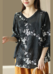 Black Patchwork Linen Top O-Neck Embroideried Button Summer