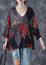 Black Patchwork Linen Top Oversized Print Flare Sleeve