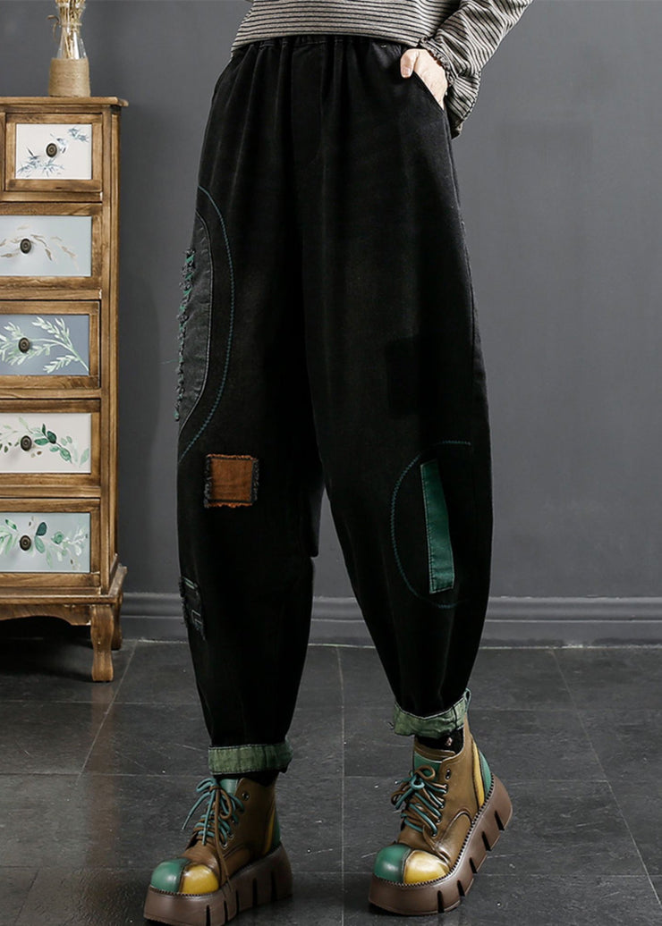 Black Patchwork Loose Crop Pants Pants High Waist