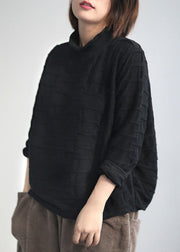 Black Patchwork Loose Warm Fleece Turtleneck Long Sleeve