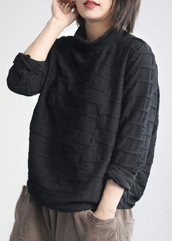 Black Patchwork Loose Warm Fleece Turtleneck Long Sleeve