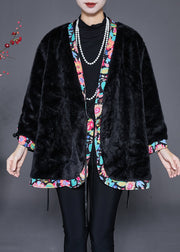 Black Patchwork Mink Velvet Coat Outwear Oversized Lace Up Winter