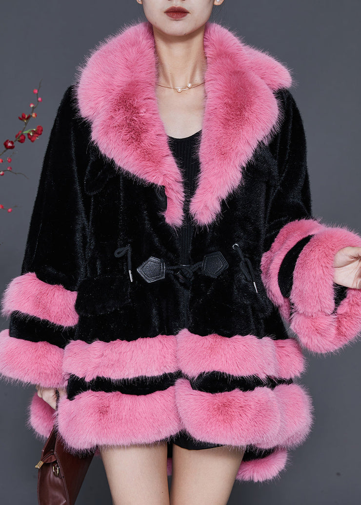 Black Patchwork Mink Velvet Jacket Fur Collar Drawstring Spring