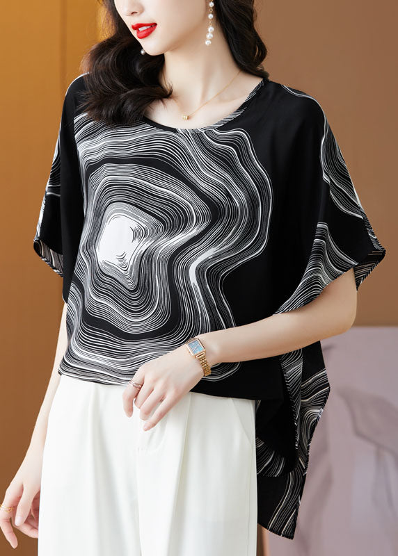 Black Patchwork Print Silk Blouse Tops O Neck Summer