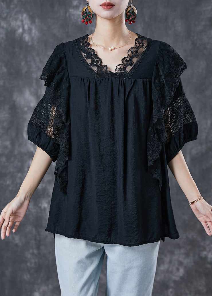 Black Patchwork Ruffled Cotton Tanks Back Tie Short Sleeve