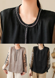 Black Patchwork Side Open Linen Top Long Sleeve