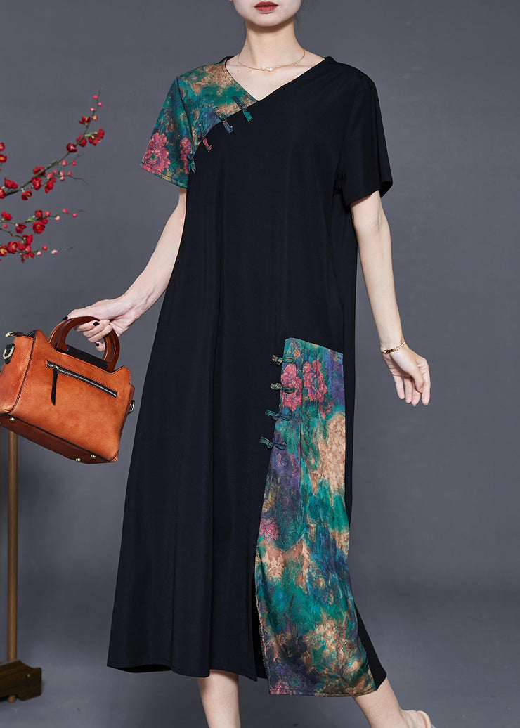 Black Patchwork Silk Dress V Neck Chinese Button Summer