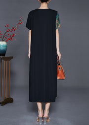 Black Patchwork Silk Dress V Neck Chinese Button Summer