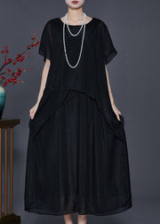 Black Patchwork Silk Fake Two Piece Dresses Oversized Summer