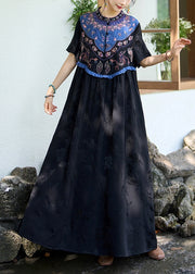 Black Patchwork Silk Long Dress Ruffled Jacquard Stand Collar Summer